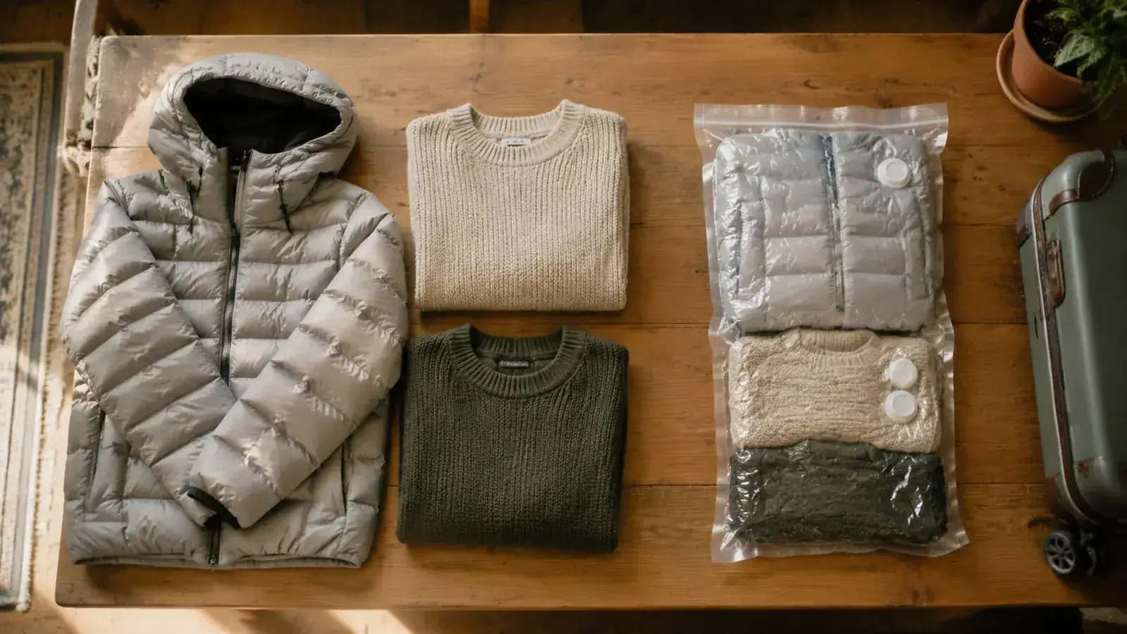 Overhead flat-lay of compression vacuum bags versus packing cubes showing size comparison before and after compression