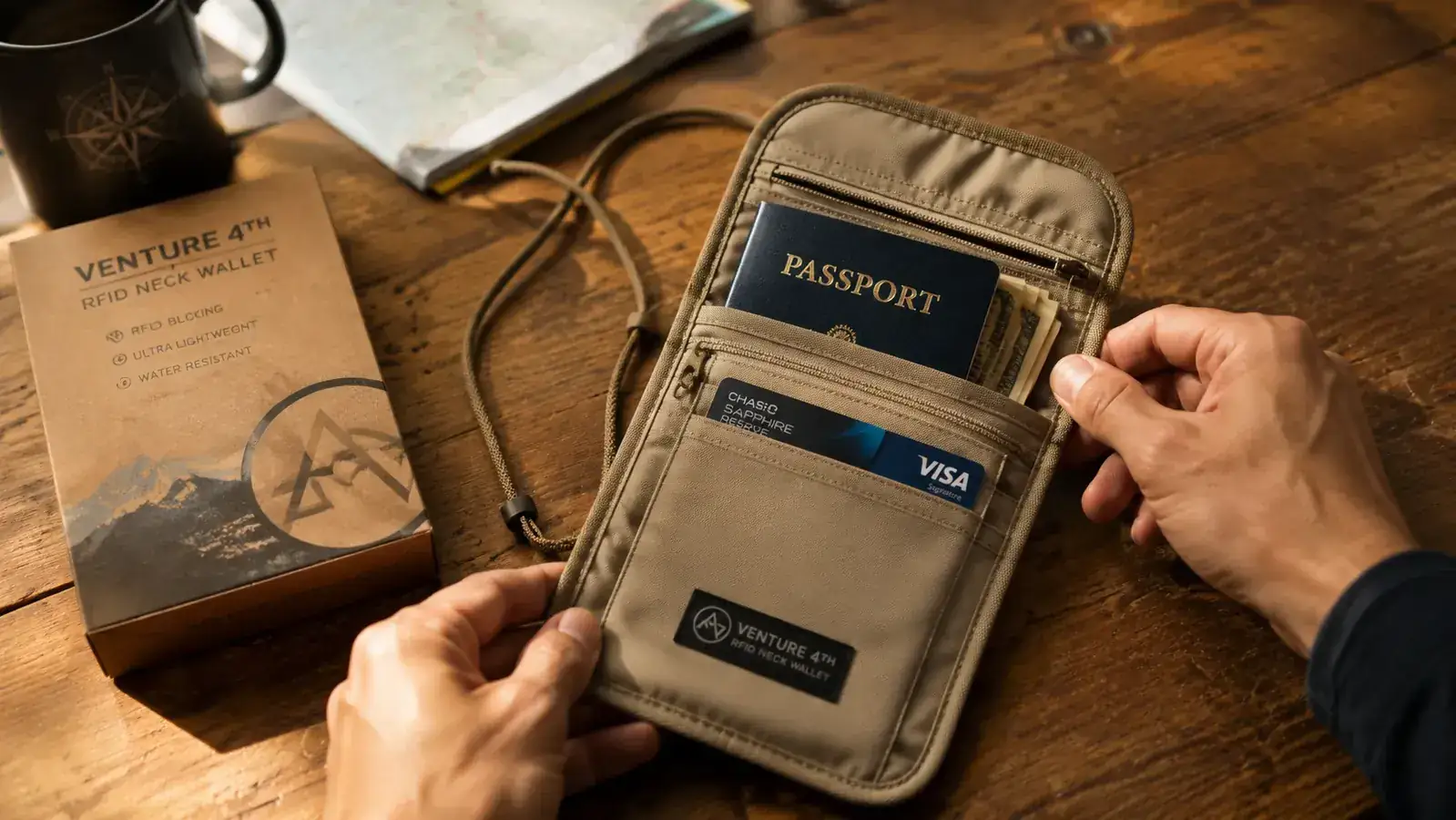 VENTURE 4TH neck wallet open on a wooden surface showing passport, cards, and folded bills