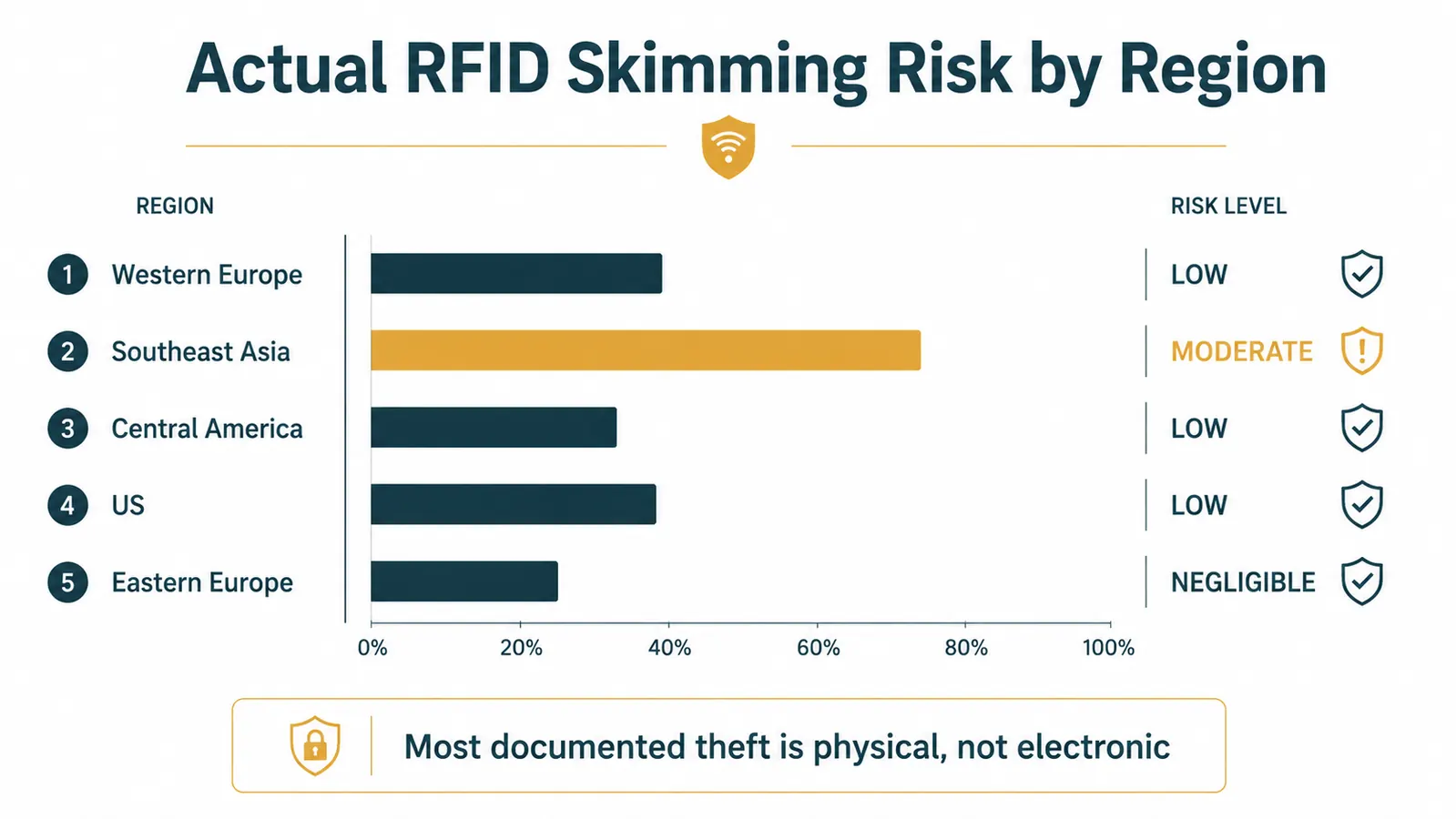 Chart showing RFID skimming threat level by country with most destinations rated low risk