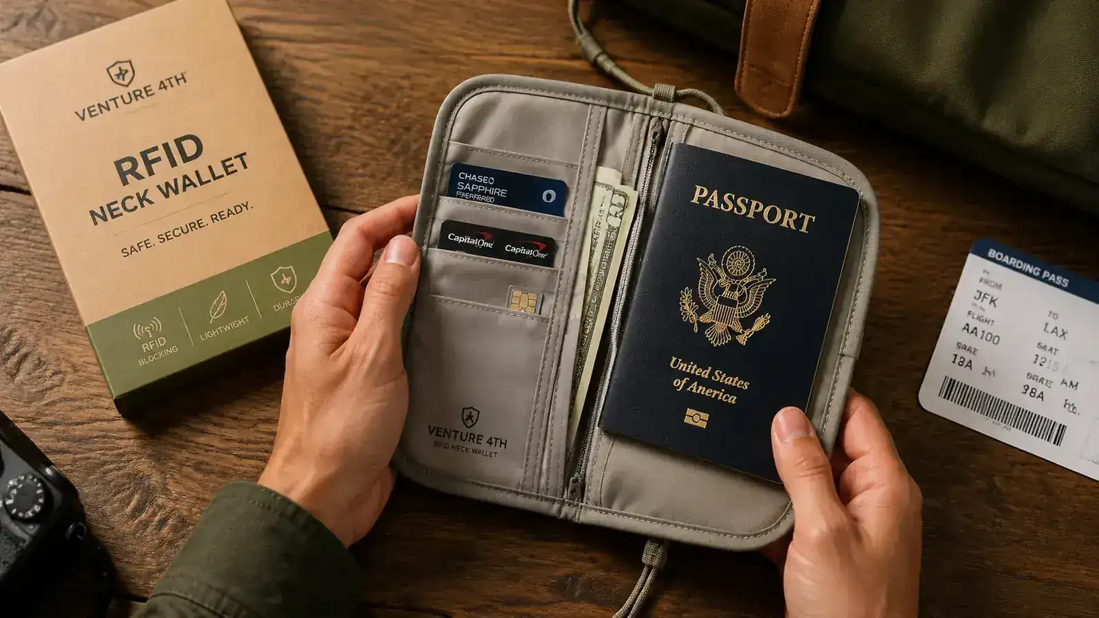 VENTURE 4TH neck wallet open and flat showing passport, cards, and cash organized inside the compartments