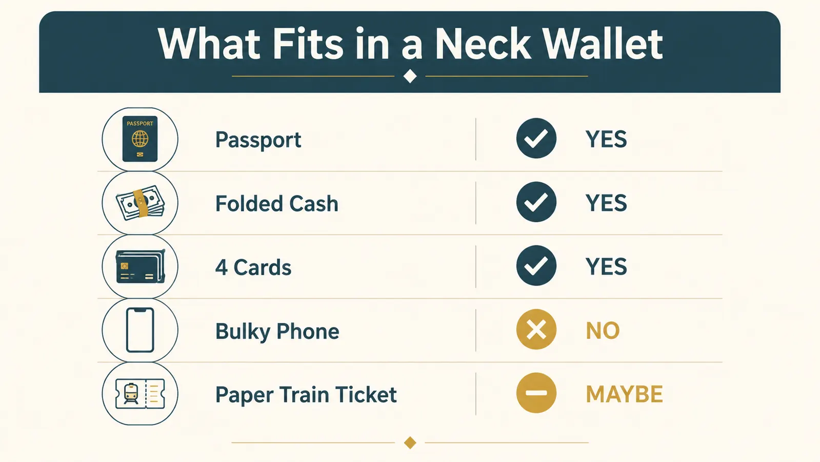 Comparison chart of neck wallet dimensions and what fits vs what does not fit for common travel documents