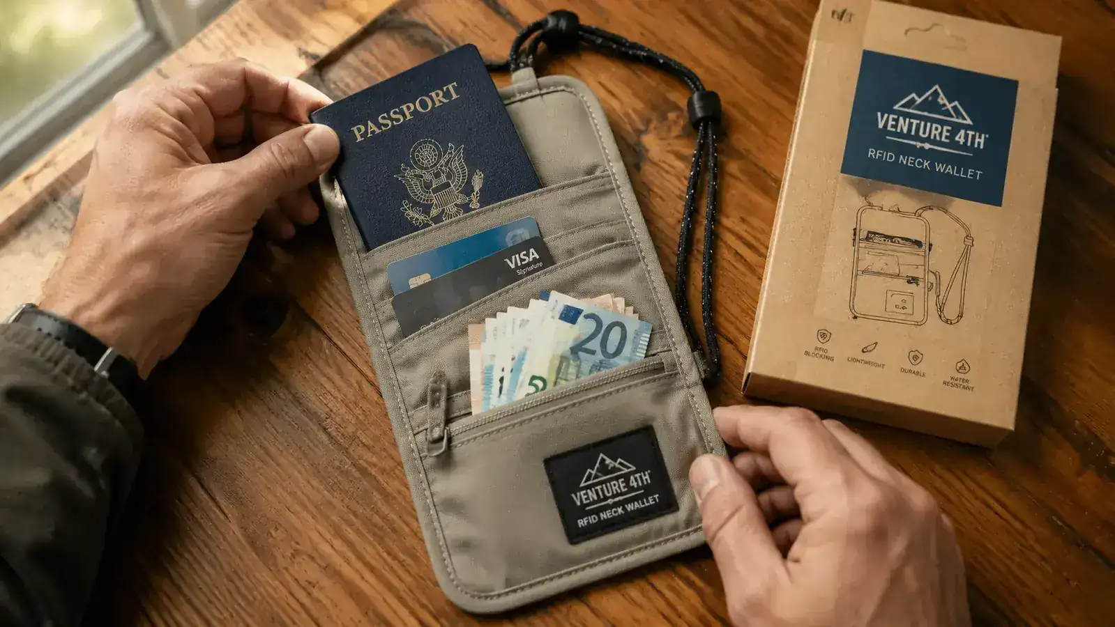VENTURE 4TH neck wallet open on a wooden table showing passport, cards, and folded cash in each compartment